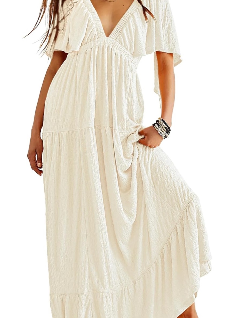 Women's Cream V-Neck Tiered Maxi Dress